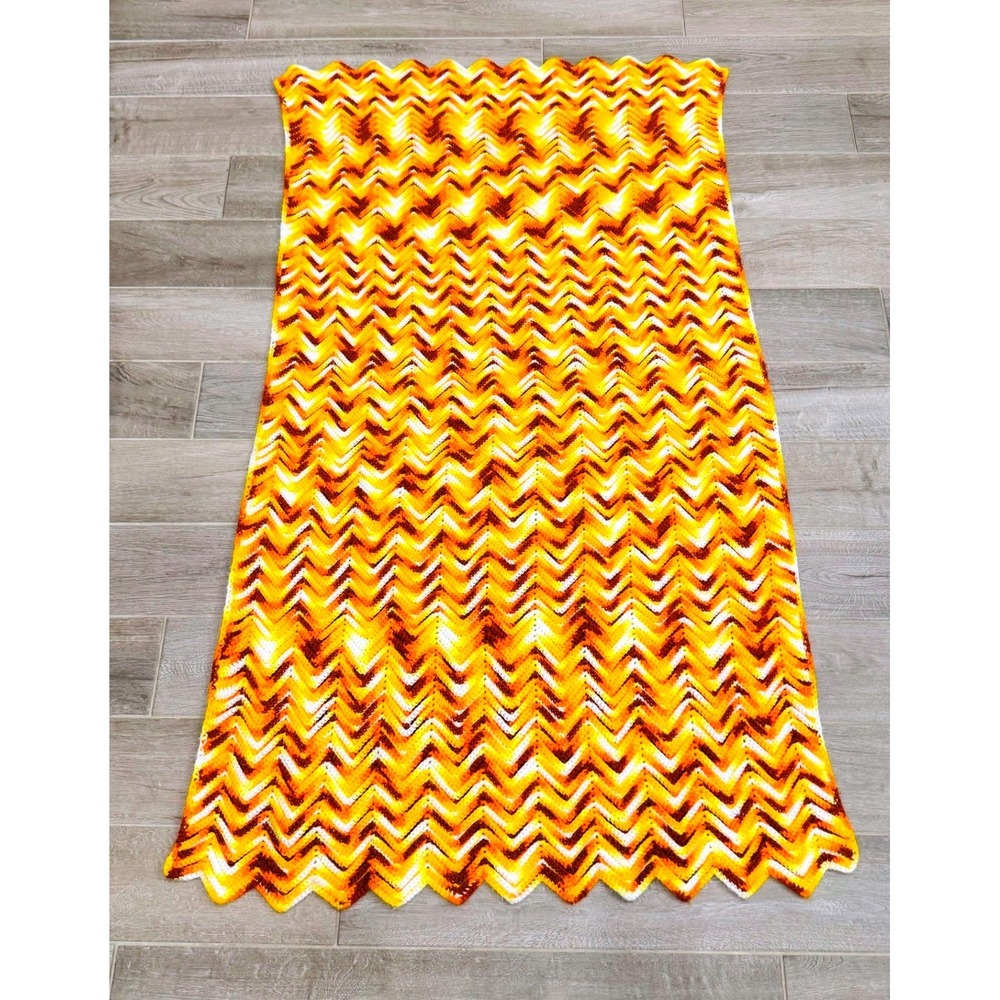 Handmade Crochet Afghan Throw 60x35 Orange Yellow Brown Chevron Ripple Retro